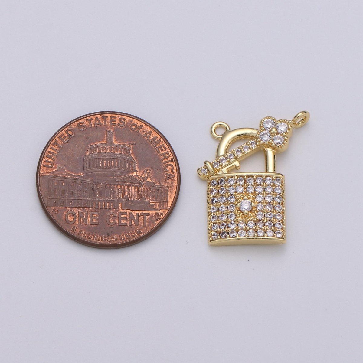 24k Gold Filled Padlock and Key CZ Micro Pave Charm Pendant Lock and Key Charm Necklace for Statement Necklace Component D-617