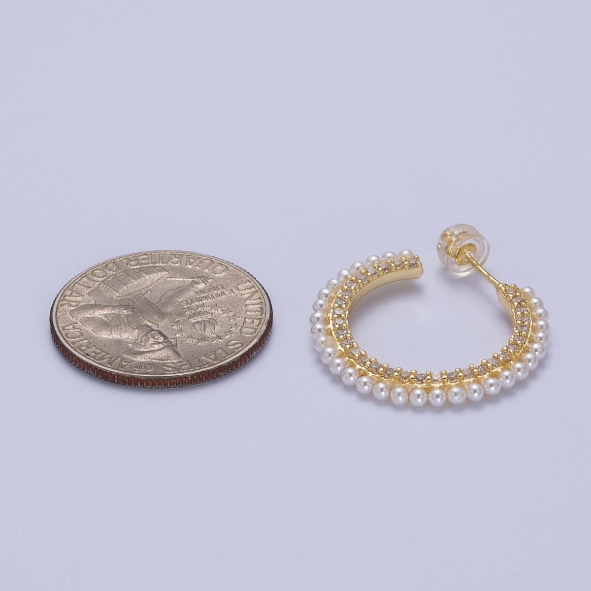 24K Gold Filled Pearl Lined Front Micro Paved CZ Side C-Shaped 26mm Hoop Earrings | AD-226