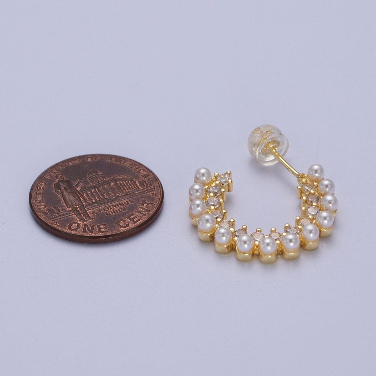 24K Gold Filled Pearl Lined Micro Paved CZ Side C-Shaped 21mm Hoop Earrings | AD-227