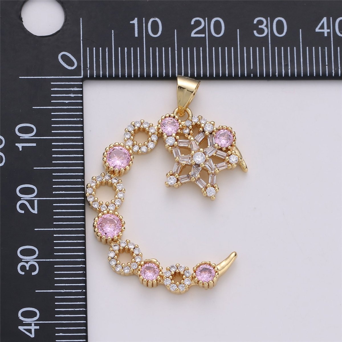 24K Gold Filled Pink Clear Micro Paved Cubic Zirconia Moon and Stars Pendant I-577