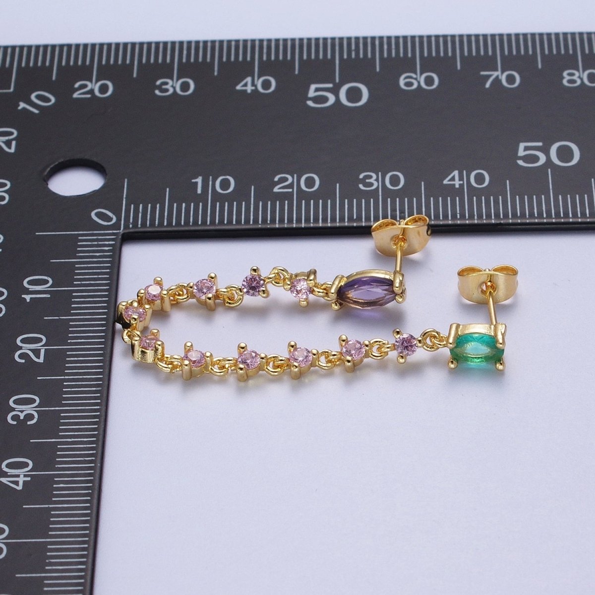 24K Gold Filled Pink Teal Multicolor Oval Double Cubic Zirconia Stud Chained Earrings | AE-1054