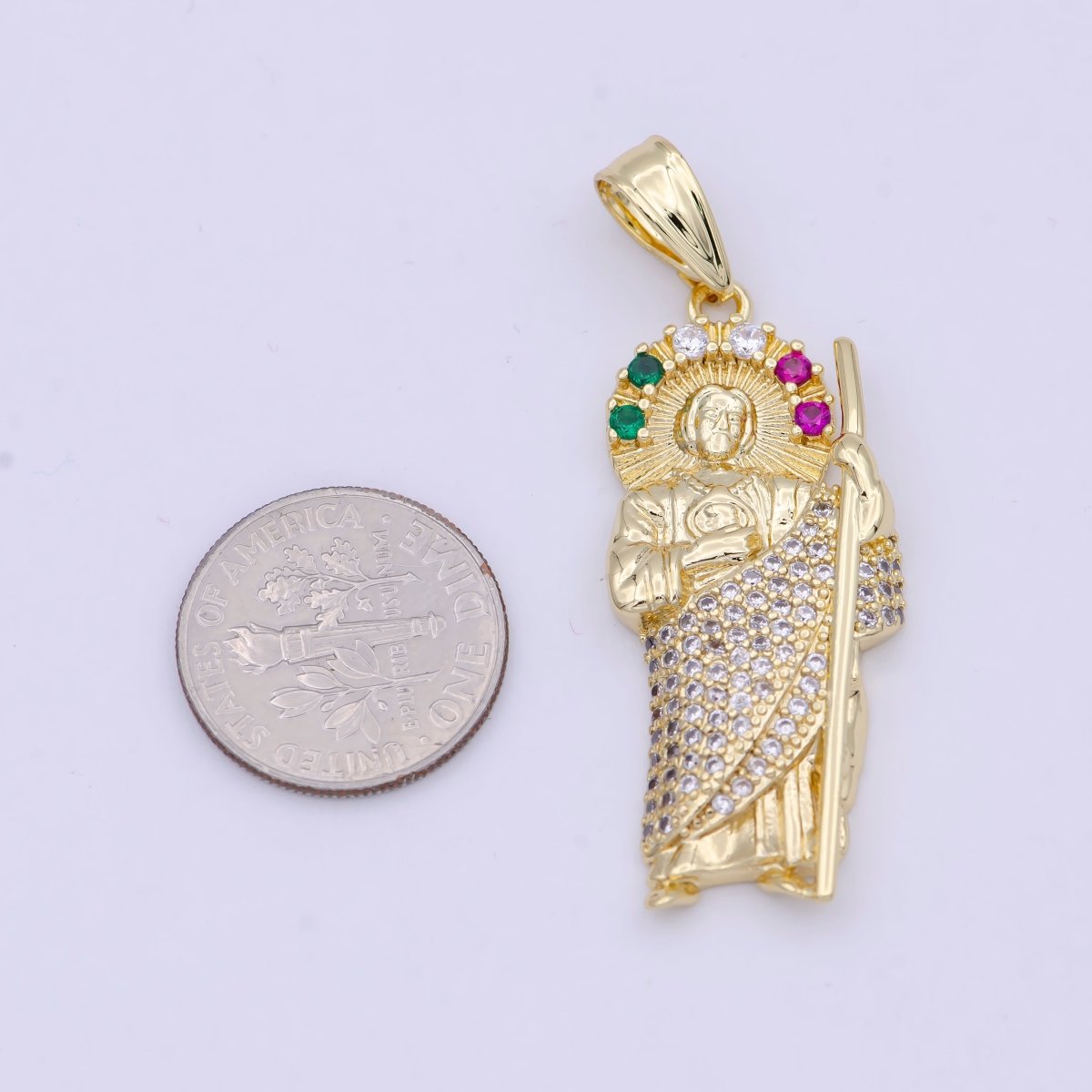 24K Gold Filled Religious Saint St. Jude Multicolor Clear Micro Paved CZ Pendant N-622