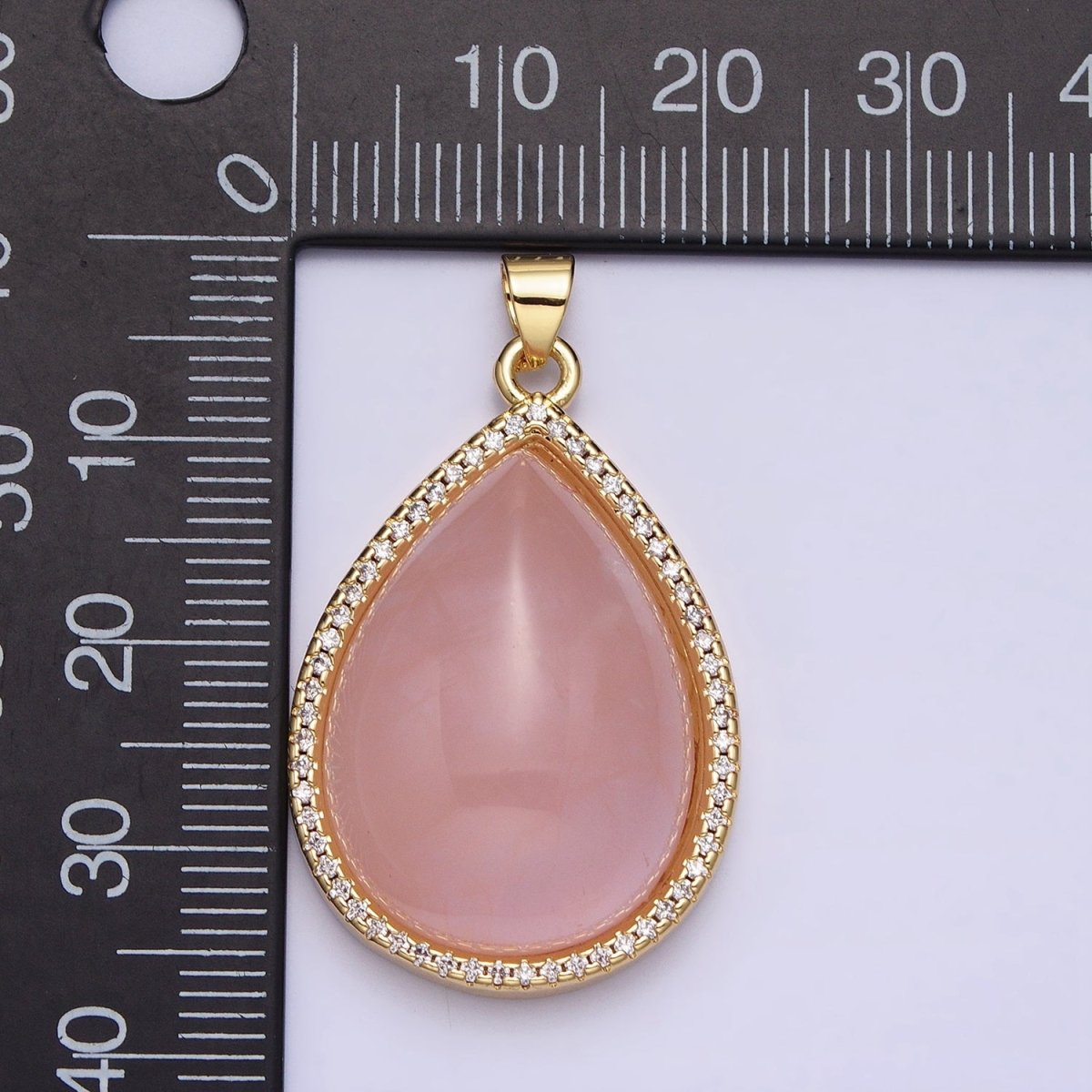 24K Gold Filled Rose Quartz Natural Gemstone Cabochon Micro Paved CZ 35mmx21.5mm Teardrop Pendant | AA295