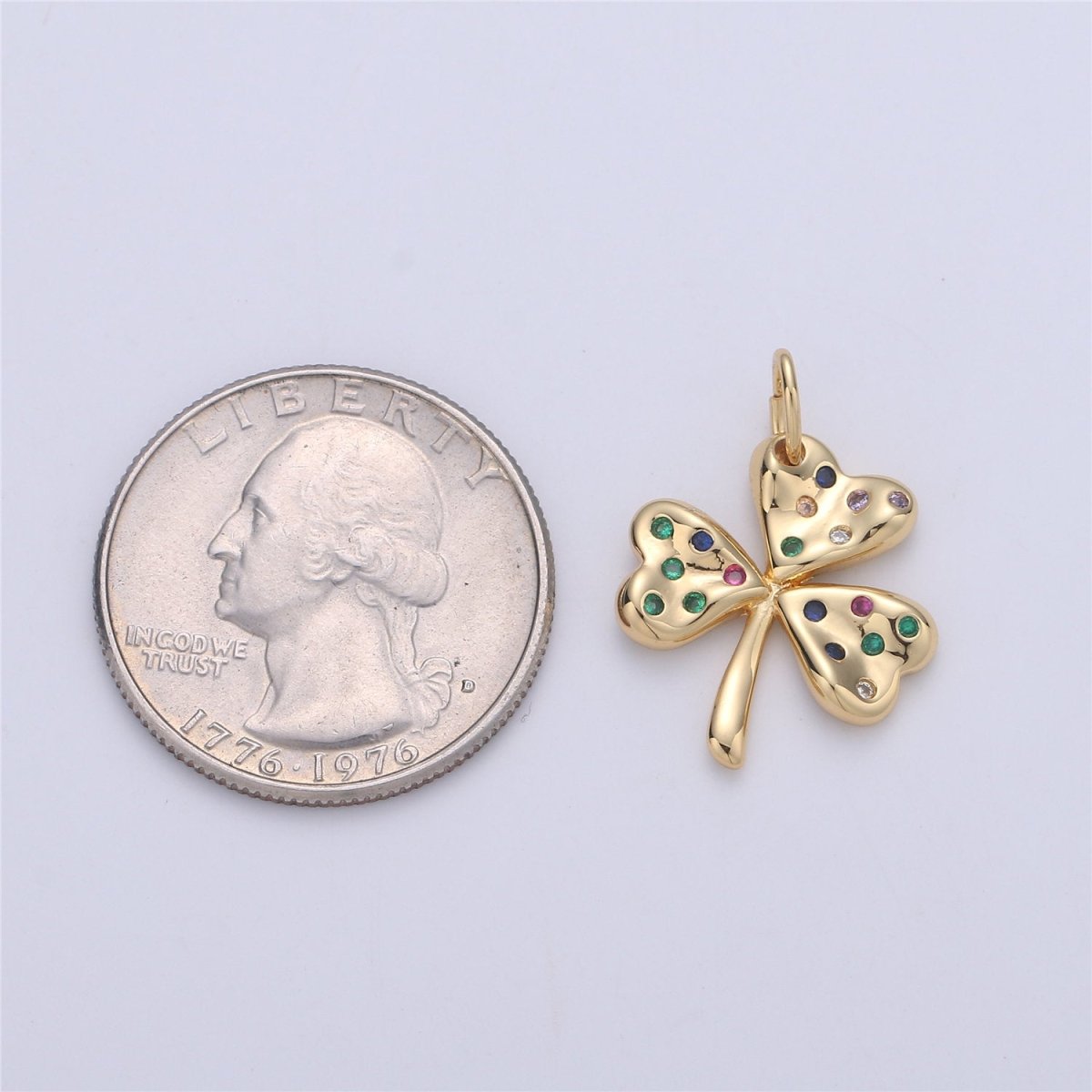 24K Gold Filled Rustic Lucky Charm Good Luck 4 Leaves Clover with Multi Color Rainbow CZ Stone for Necklace or Bracelet | M-892
