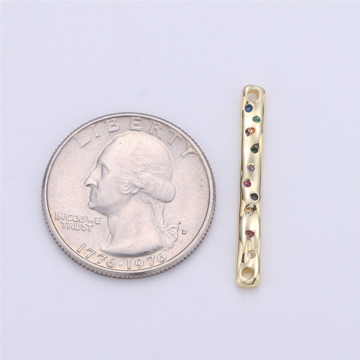 24K Gold Filled Rustic Textured Bar Dainty Connector with Micro Pave Multi Color Rainbow Cubic Zirconia CZ Stone for Necklace or Bracelet F-360