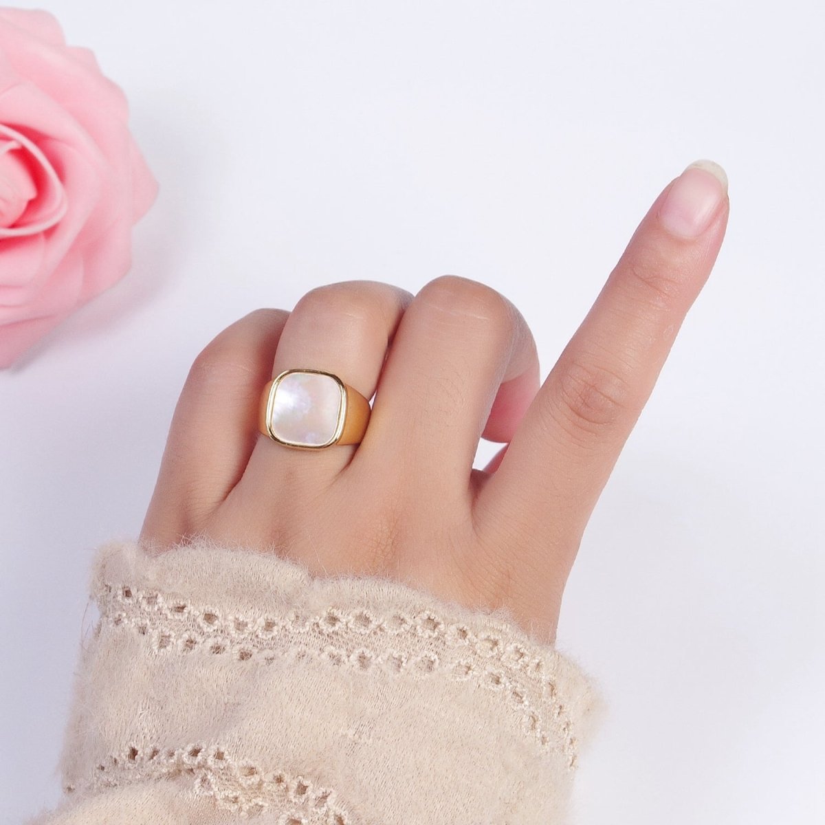 24K Gold Filled Square Shell Signet Adjustable Gold Ring | S-356