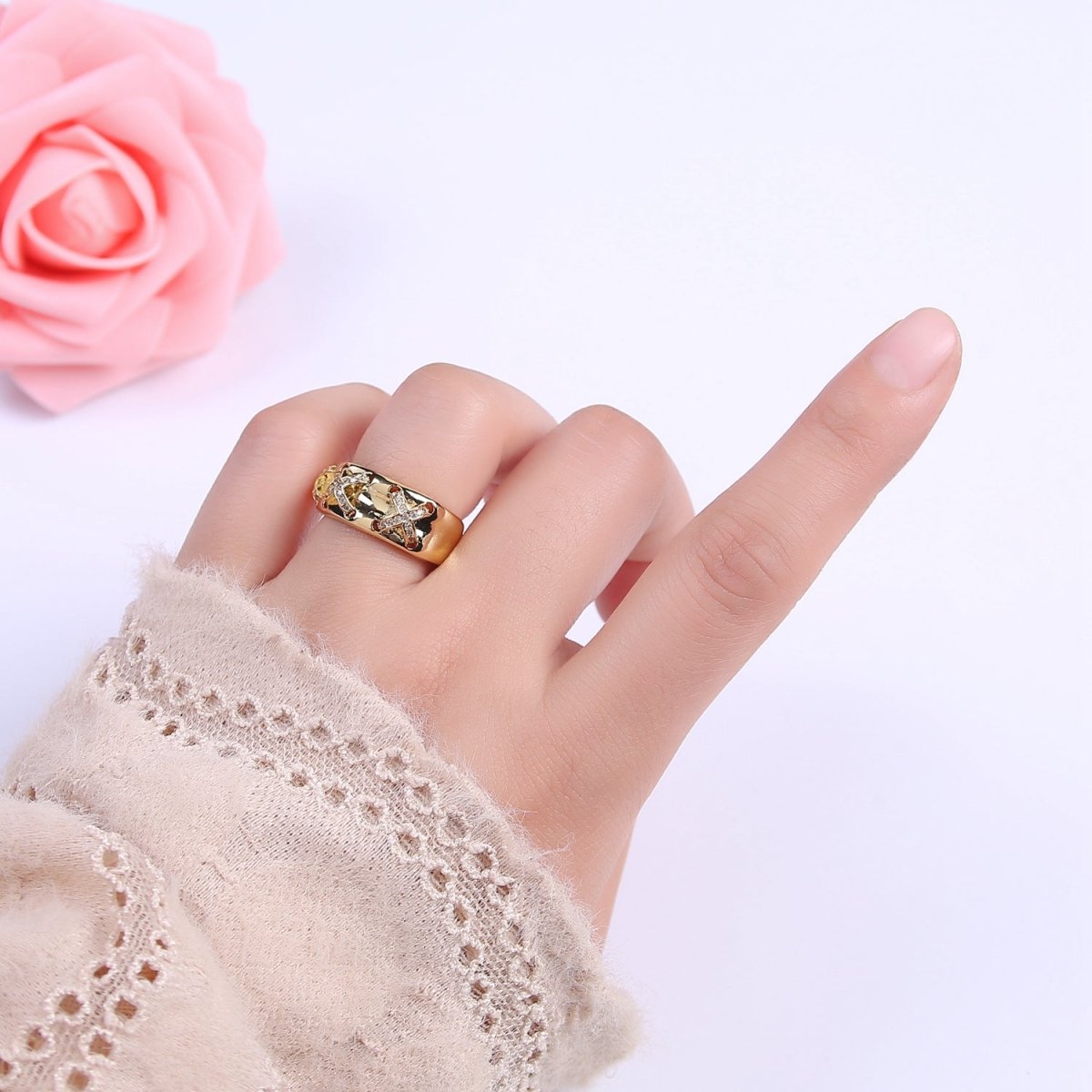 24K Gold Filled Statement X Crystal Zirconia CZ Adjustable Ring U-411
