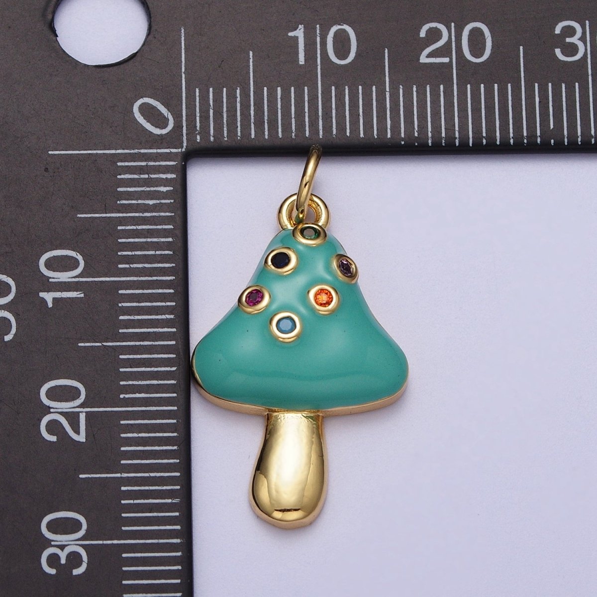 24K Gold Filled Teal Mushroom Multicolor Round Cubic Zirconia Charm | C-222