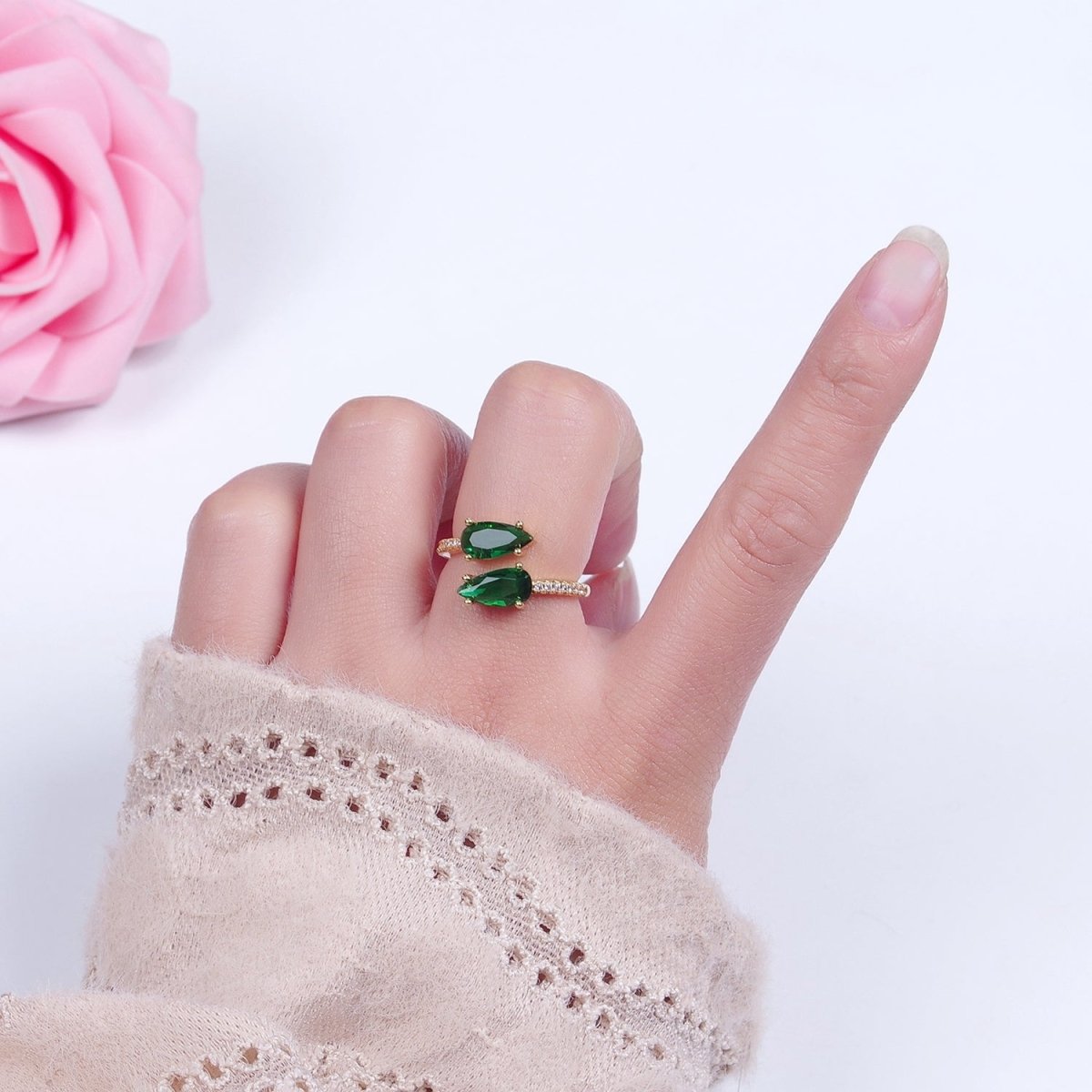 24K Gold Filled Teardrop CZ Ring, Green / Fuchsia Cubic Zirconia Open Ring with Clear Micro Pave Band O-2290 O-2291
