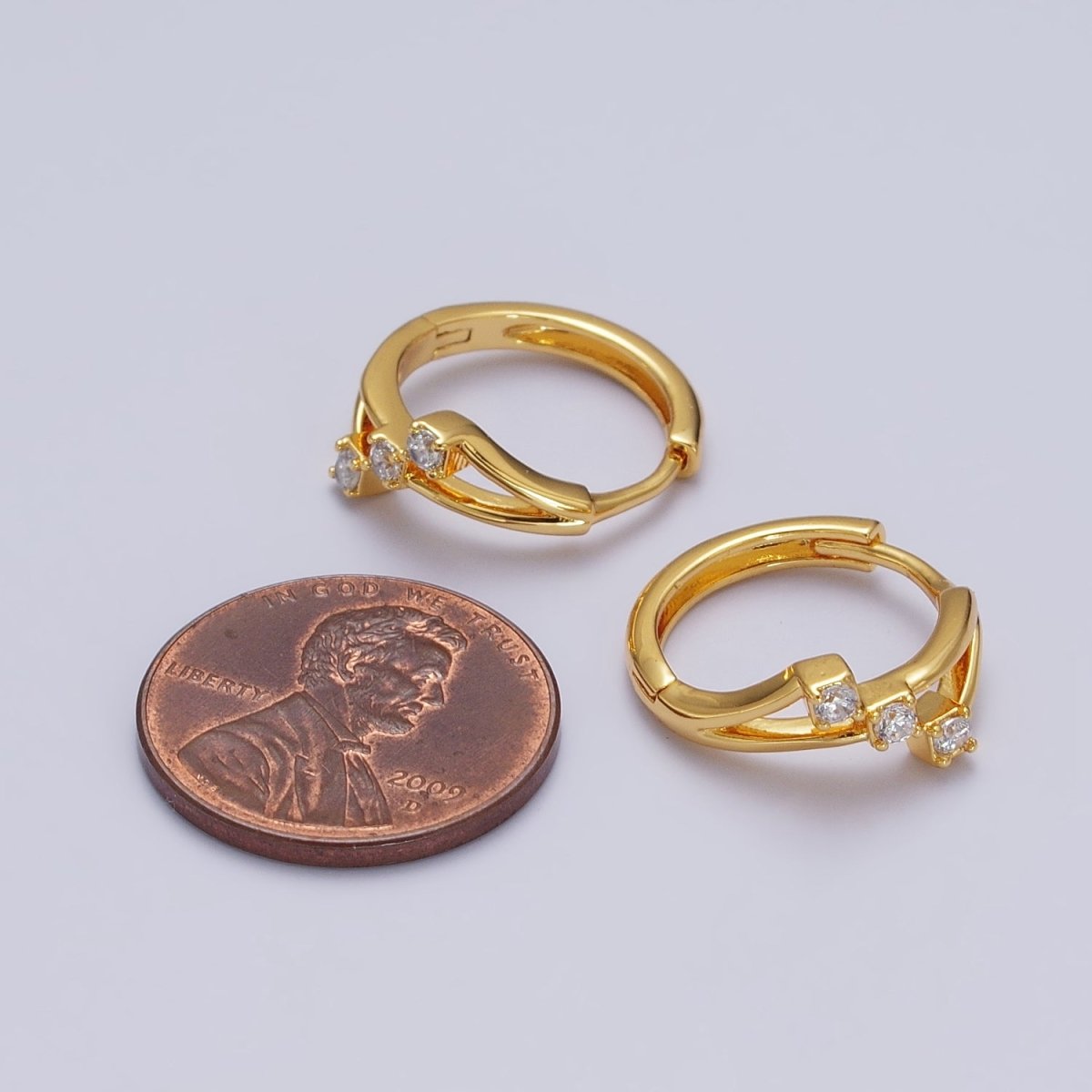 24K Gold Filled Triple Clear Round CZ Geometric Lined Huggie Earrings | AB119