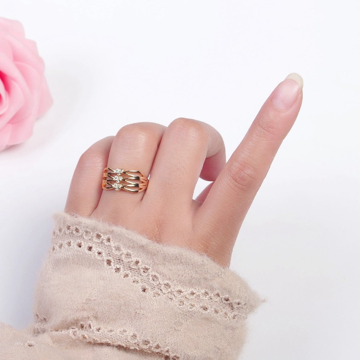 24K Gold Filled Triple Sharp Oval Band Micro Pave Clear Three Hearts Cubic Zirconia Adjustable Ring S-231