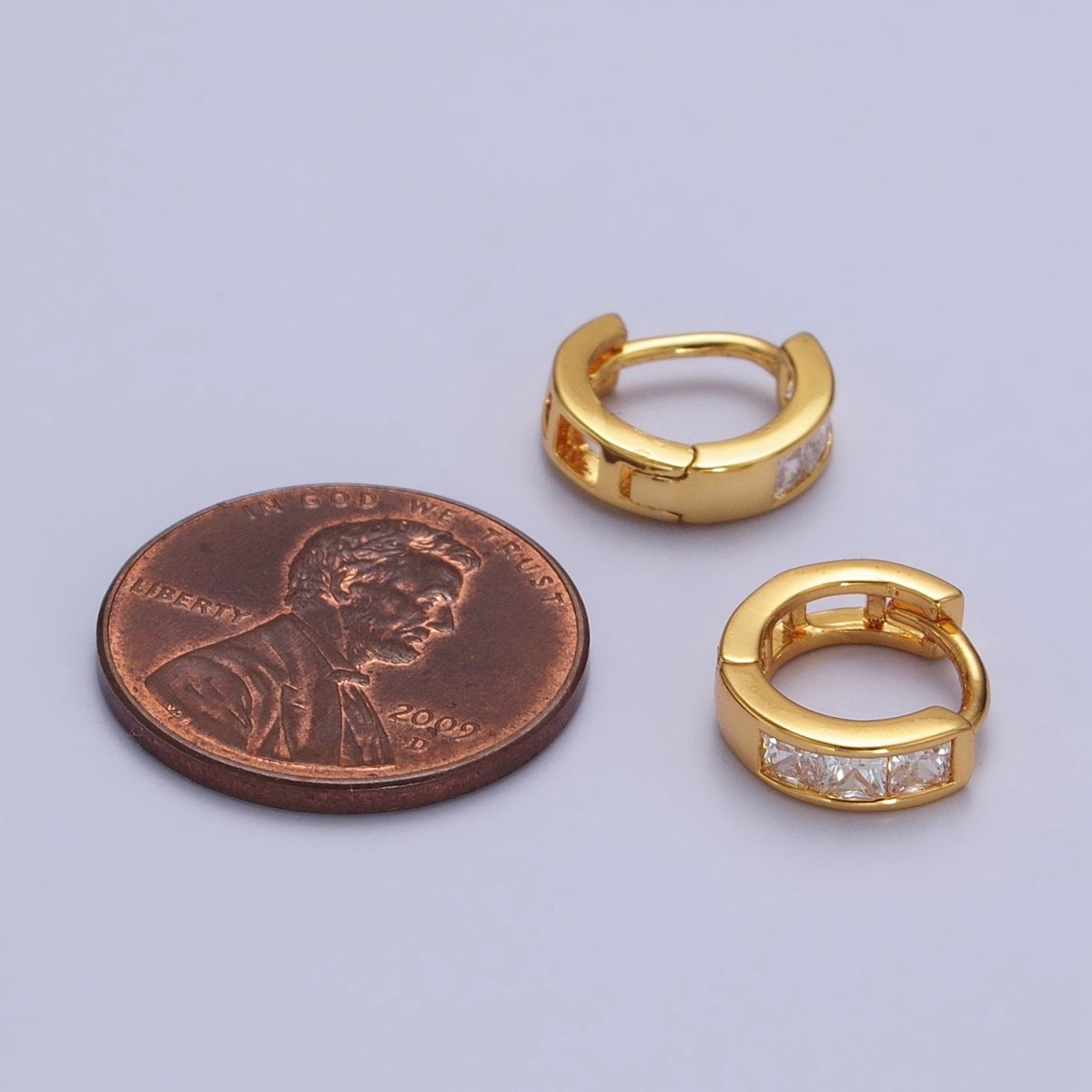 24K Gold Filled Triple Square Clear CZ 11mm Huggie Earrings | AB146