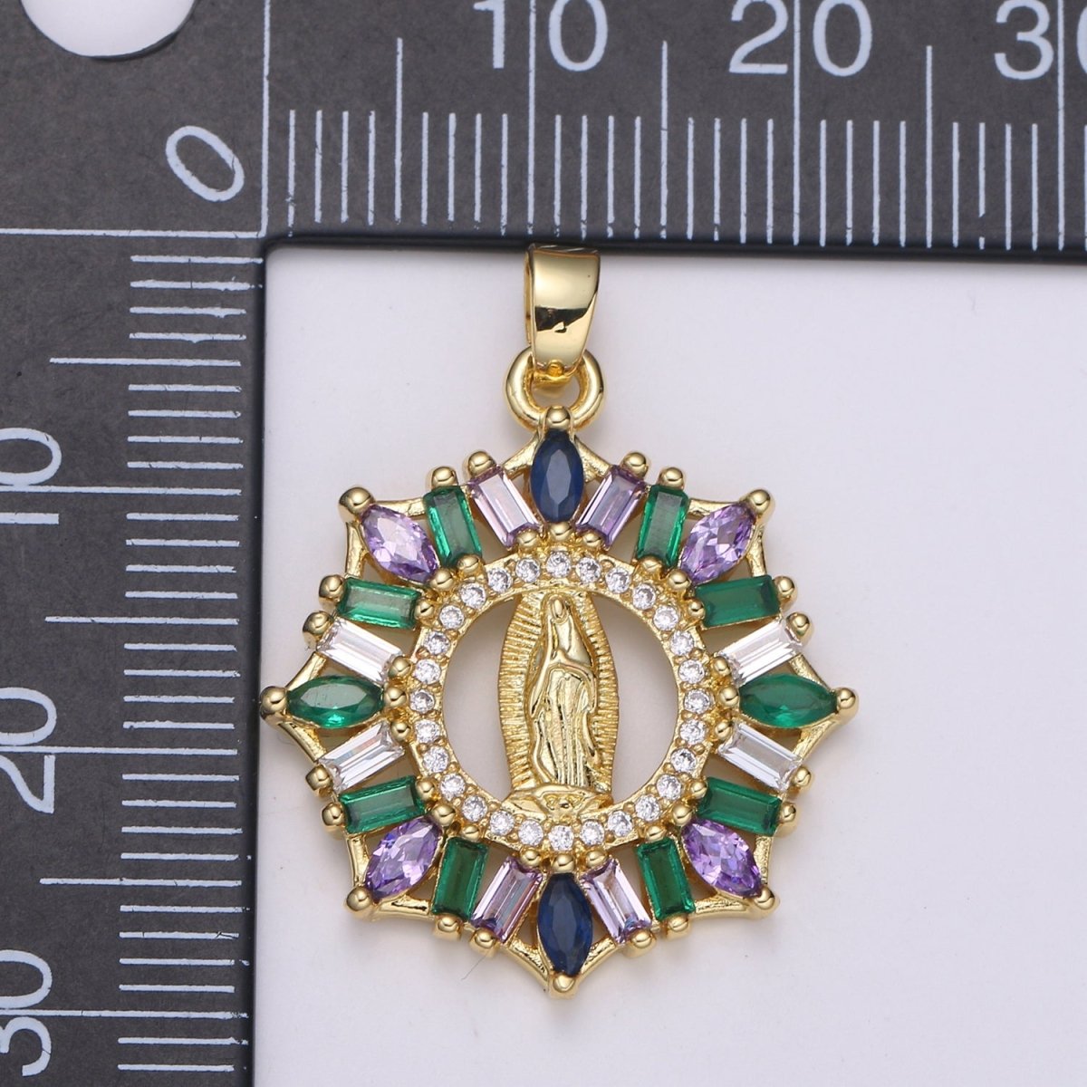 24K Gold Filled Virgin Mother Mary Pendant Micro Pave Baguette Lady of Guadalupe Medallion Necklace Charm for Religious Jewelry J-262
