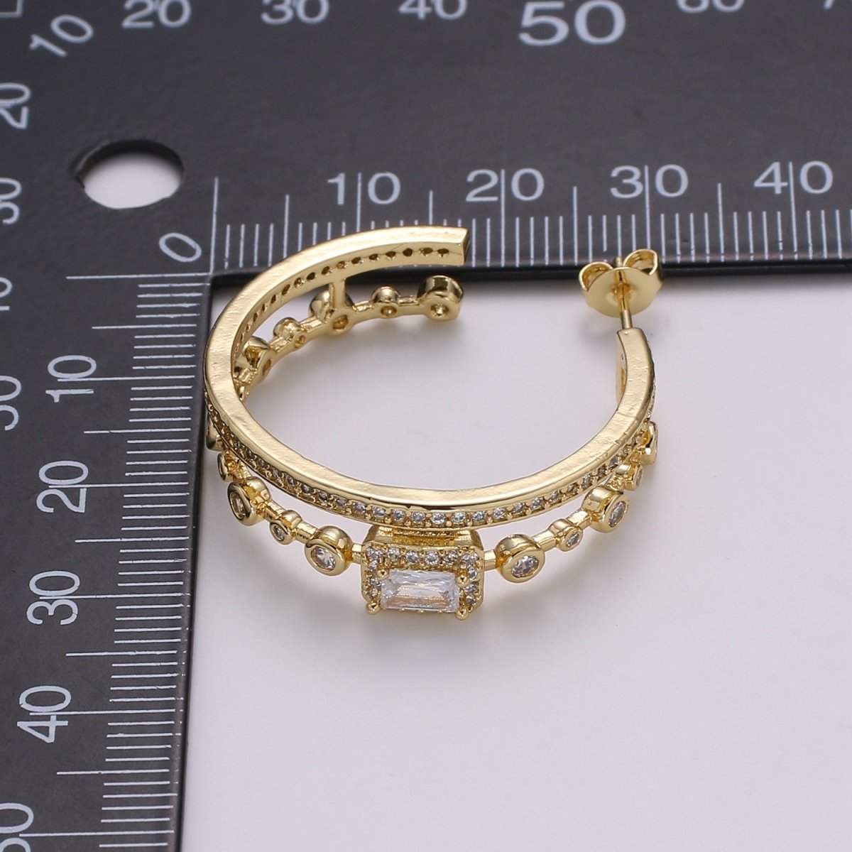 OS 24K Gold Hoop Earring - Mismatched Hoop Earring - Geometric Cz hoop earring for women - Large Hoop 30MM Earring gift idea P-057