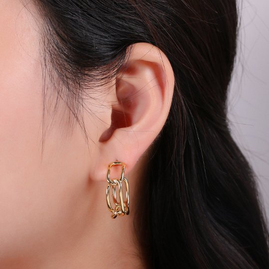 24k Gold Plated Earrings, Hoop Earrings, Long Chain Link Earring, Stud Earring, Gift for Her, Earrings for Women, Everyday Wear Earring Q-528