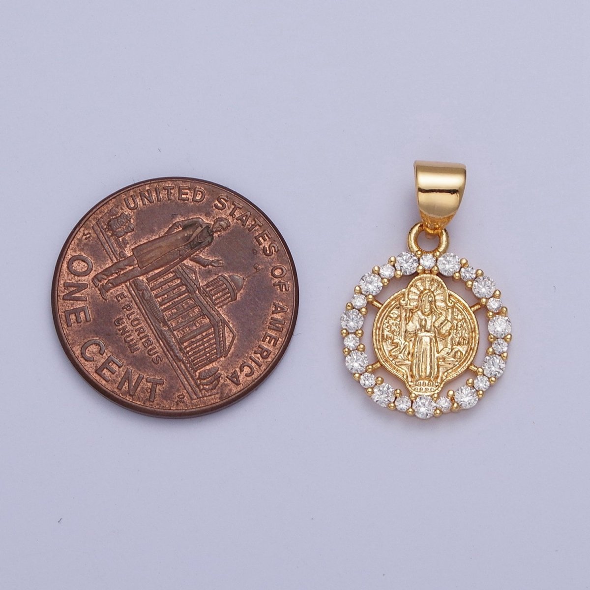 24K Gold Plated St Benedict Medallion, Micro Pave Clear Cubic Zirconia CZ Religious Saint Open Round Charm X-447