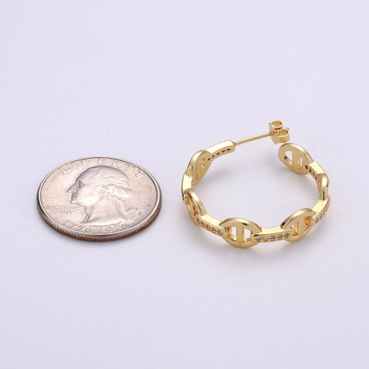 24K Gold Vermeil Mariner's Link Chain Earrings Gold Hoops Earring with CZ Cubic Zirconia Q-119