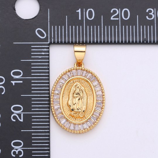 24K Gold Virgin Mary Pendant- Micro Pave Gold Coin Charm- Gold Medal Pendant Necklace -Our Lady of Guadalupe Medal Religious Jewelry Supply I-632