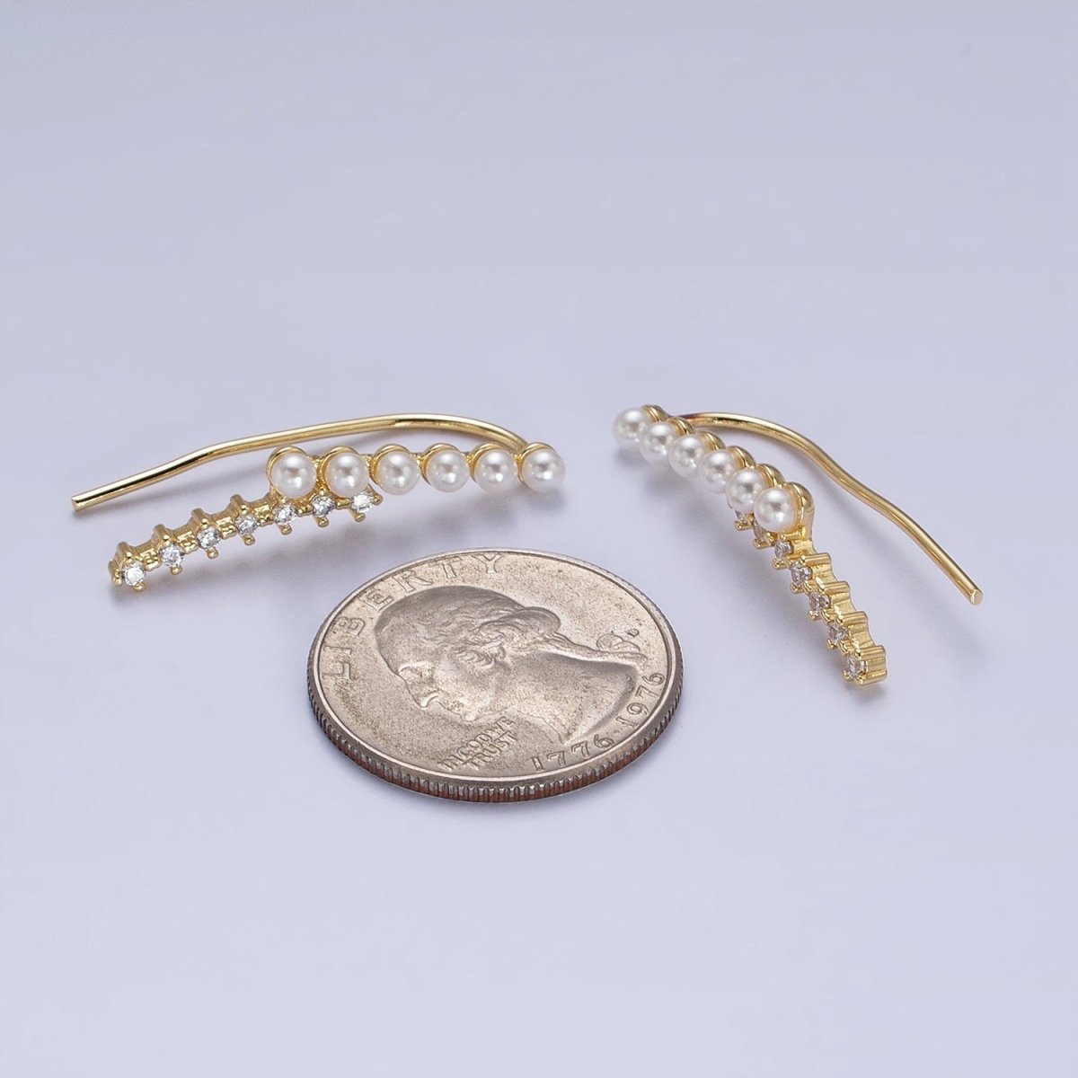 24KGold Filled Round White Pearl Clear CZ Curved Lined Earring Climber | AB384