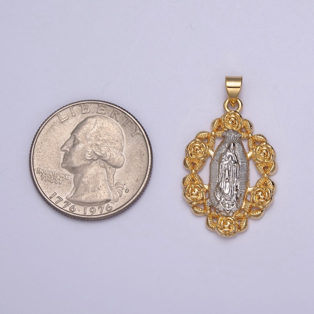 2Tone Gold Virgin Mary Our Lady Of Guadalupe Divine Mercy Rose Flower Medallion Pendant for Necklace Making Supply H-822