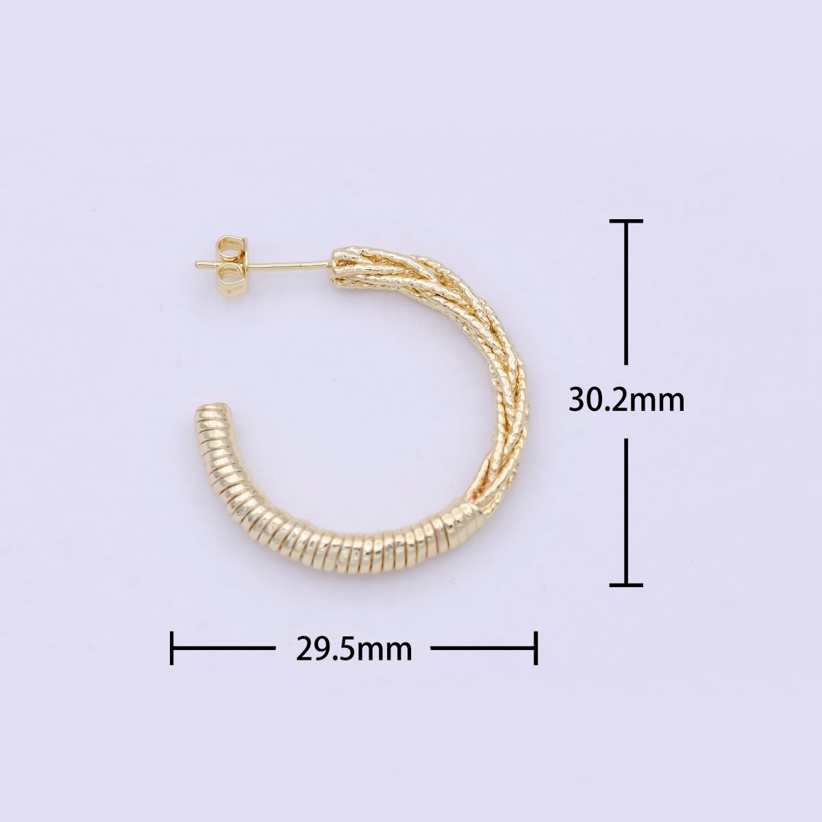 30mm Geometric Half Twisted Beaded Textured C-Shaped Hoop Earrings | Q-421