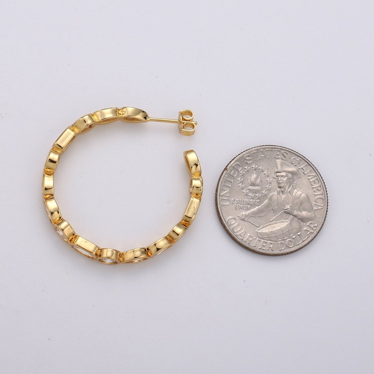 14K Gold Filled 35mm Irregular Geometric CZ Bezel C-Shaped Hoop Earrings | K569