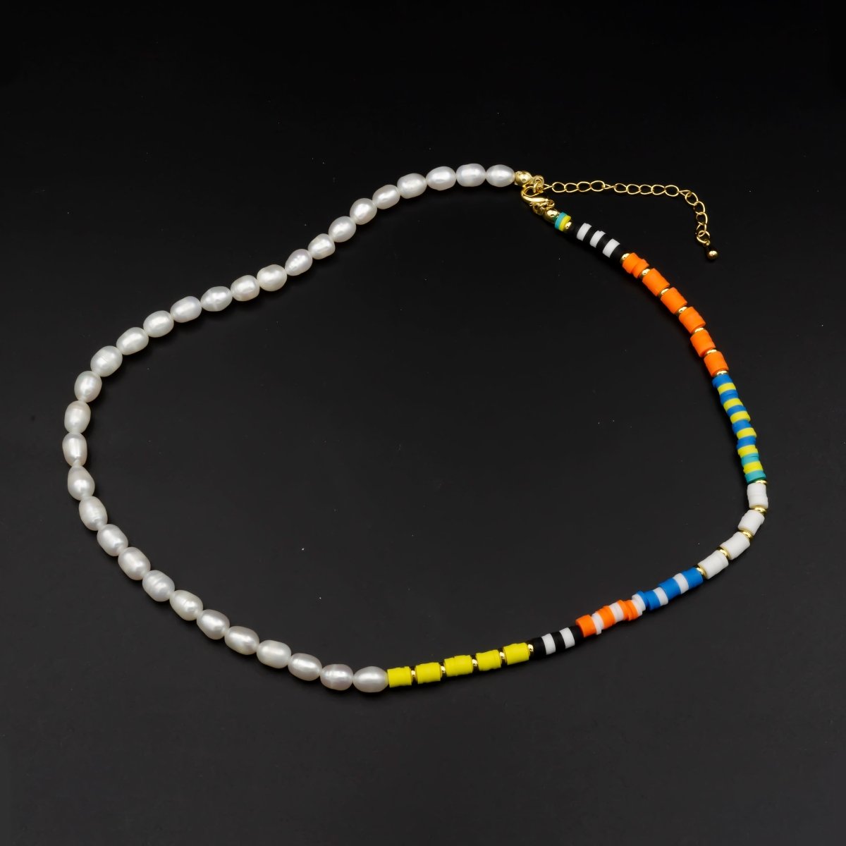 6mm Ringed Oval Freshwater Pearl 4mm Heishi Clay 18 Inch Necklace w. Extender | WA-308 Clearance Pricing