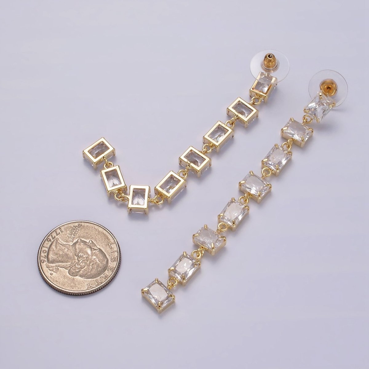 85mm Clear Baguette CZ Linear Drop Stud Earrings in Gold & Silver | AE281 AE282
