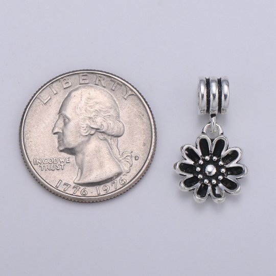 925 Sterling Silver Black Flower Charm, Antique Silver Flower Charm Daisy Flower Charm for Necklace Bracelet Earring, Floral Charm, SL-HJ-77