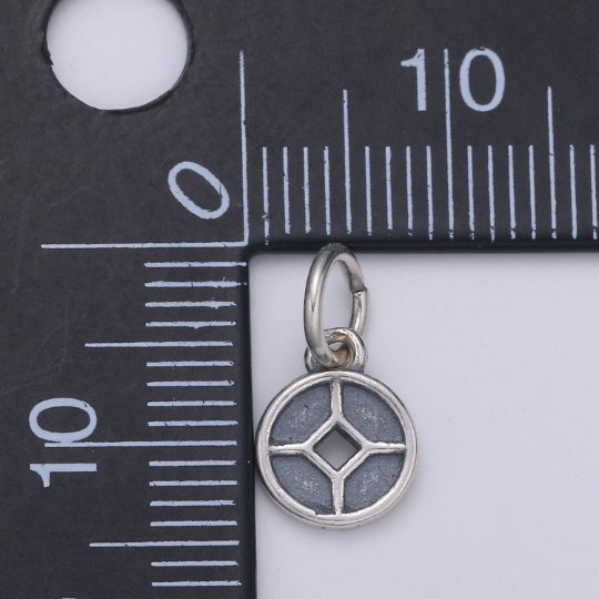 925 Sterling Silver Diamond Charm, Coin Antique Silver Bear Charm Circle Round Disc Charm for Necklace Bracelet Earring, SL-149
