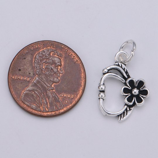 925 Sterling Silver Flower Bangle Charm, Floral Charm Silver Black Flower Charm for Necklace Bracelet Earring, Cute Flower Charm, SL-085