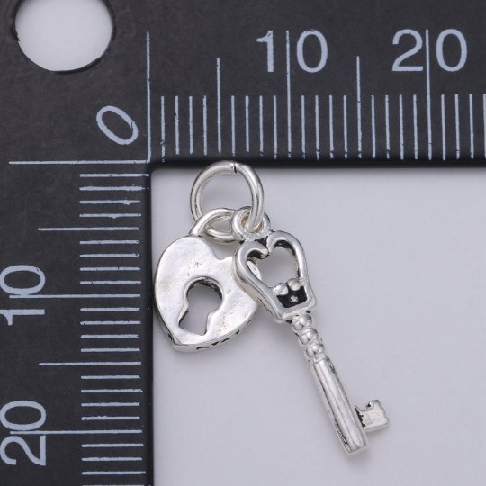 925 Sterling Silver Heart Lock and Key Charm, Couples Charm Silver Heart Charm for Necklace Bracelet Earring, Two Piece Charm SL-193
