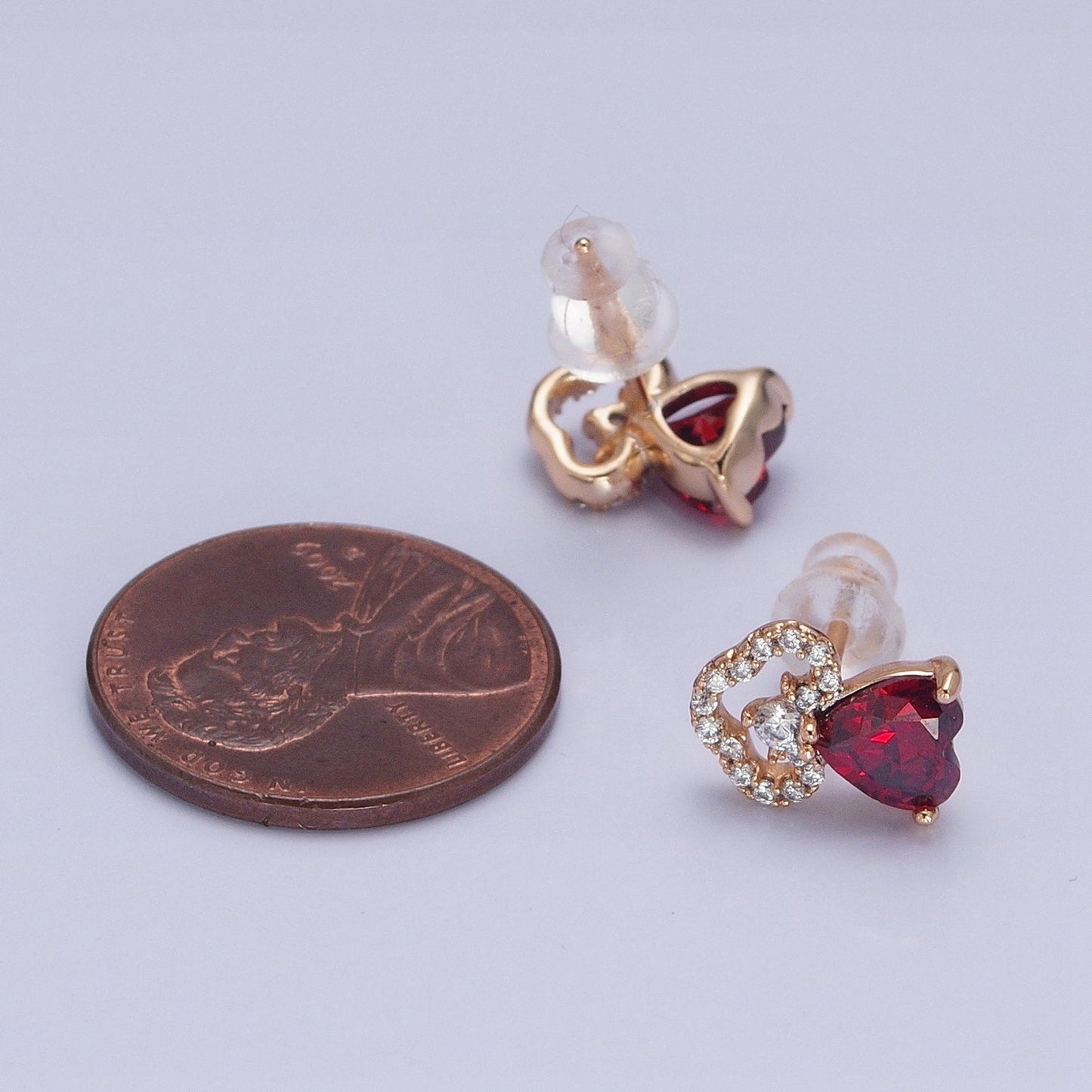 18K Gold Filled Clear, Heart, Red CZ Cloudy Stud Earrings | AD1417 - AD1419
