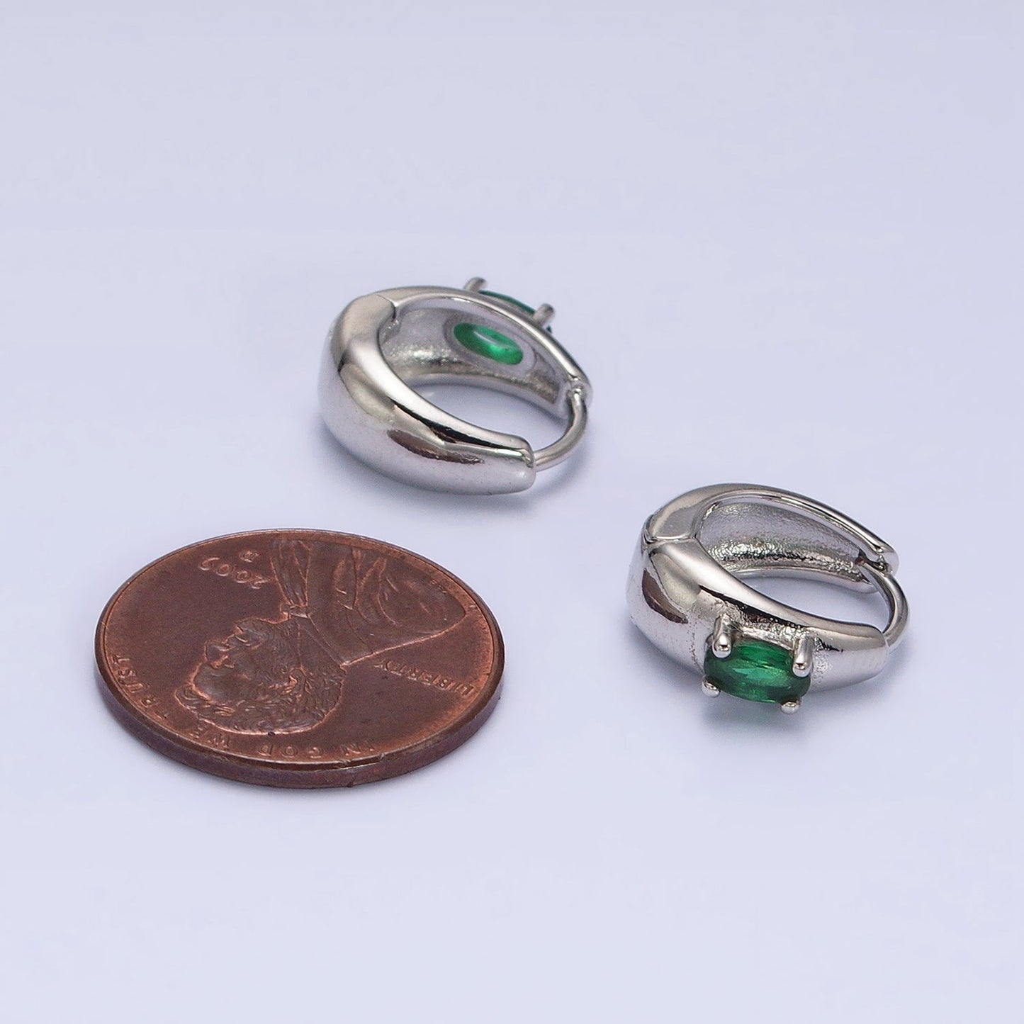 16K Gold Filled Emerald Green Oval CZ Dome 13mm Huggie Earrings in Silver & Gold | AB1501 AD1016