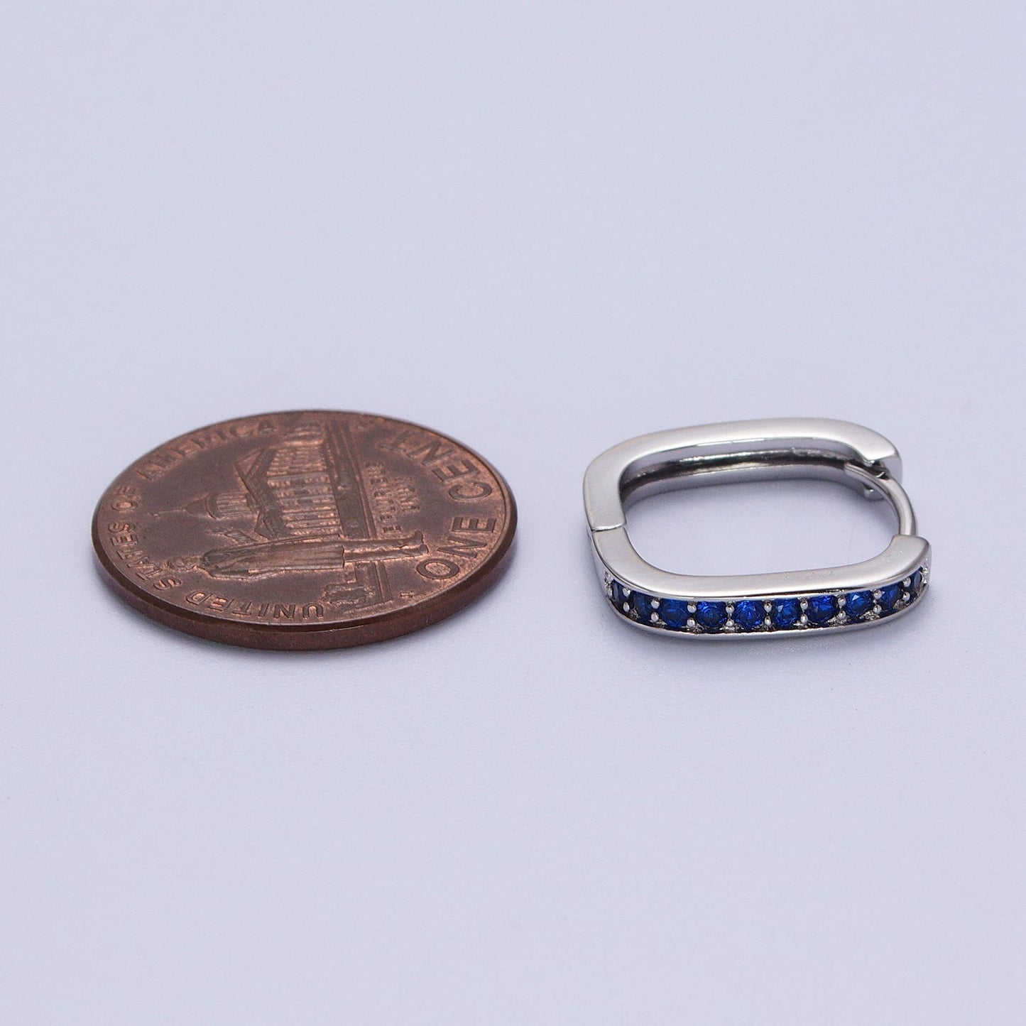 White Gold Filled Blue Micro Paved CZ Lined Silver Square Huggie Earrings P-499