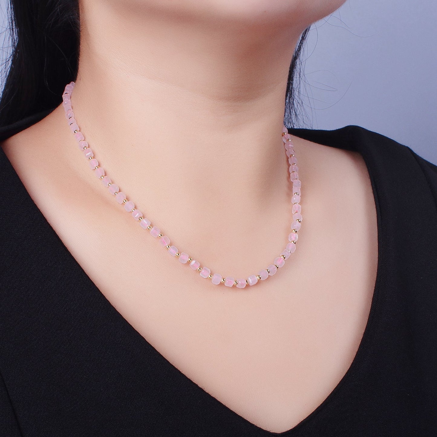 15.5 Inch Natural Pink Rose Quartz Multi Faceted Cube Gemstone w. Gold Bead Choker Necklace | WA-1427 Clearance Pricing