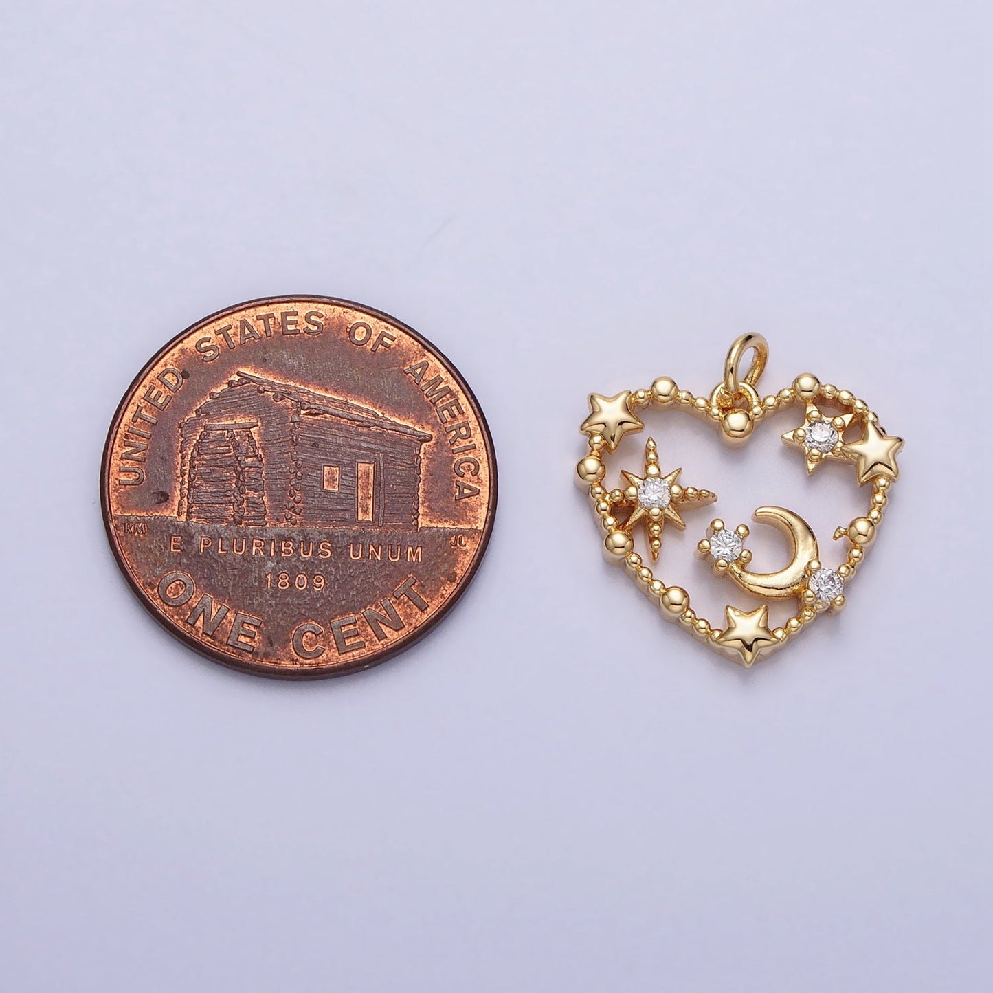 Gold, Silver Beaded Celestial Crescent Moon Stars CZ Open Heart Charm | AC743