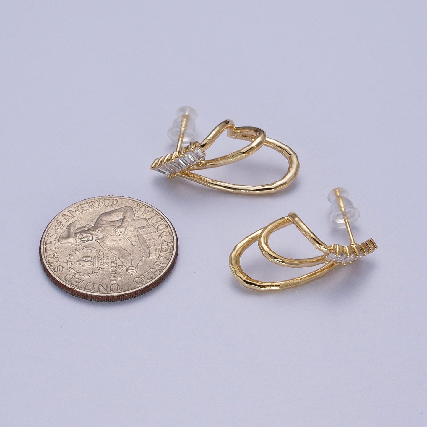 14K Gold Filled Baguette Lined Triple Band J-Shaped Stud Earrings Set | AE537