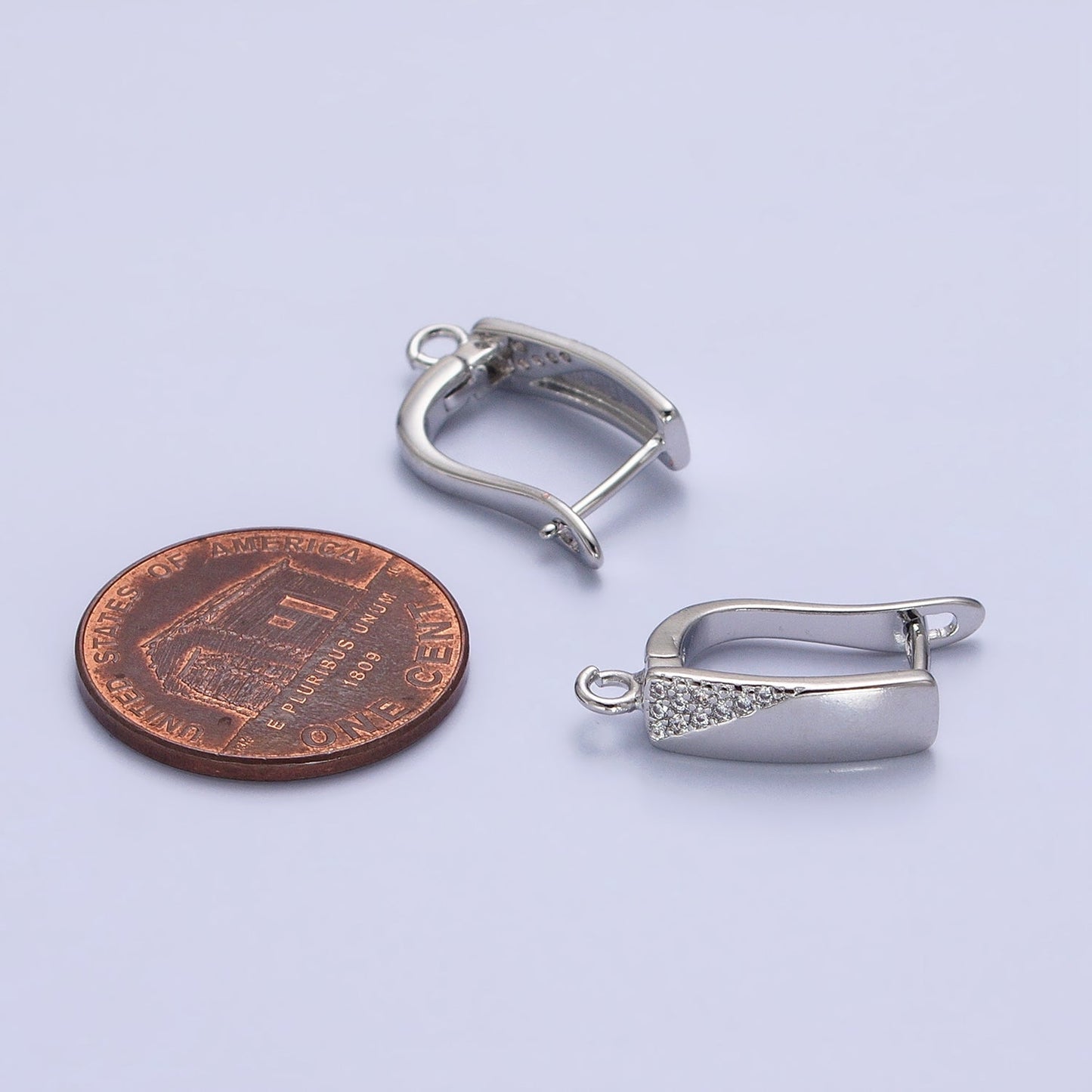 Silver Triangle Micro Paved Long Bar Open Loop English Lock Earrings Supply | Z-199