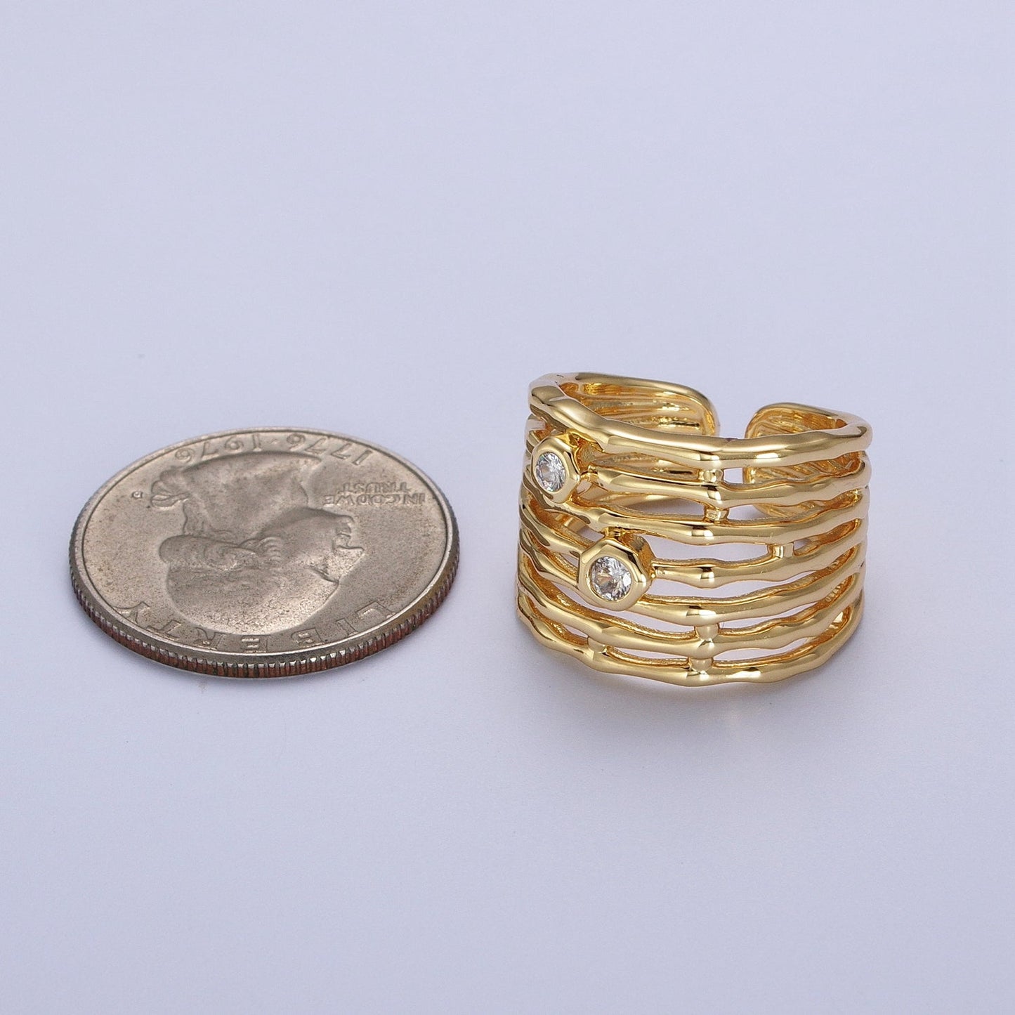 Gold Wide Multiple Bamboo Geometric CZ Band Statement Ring | O-068