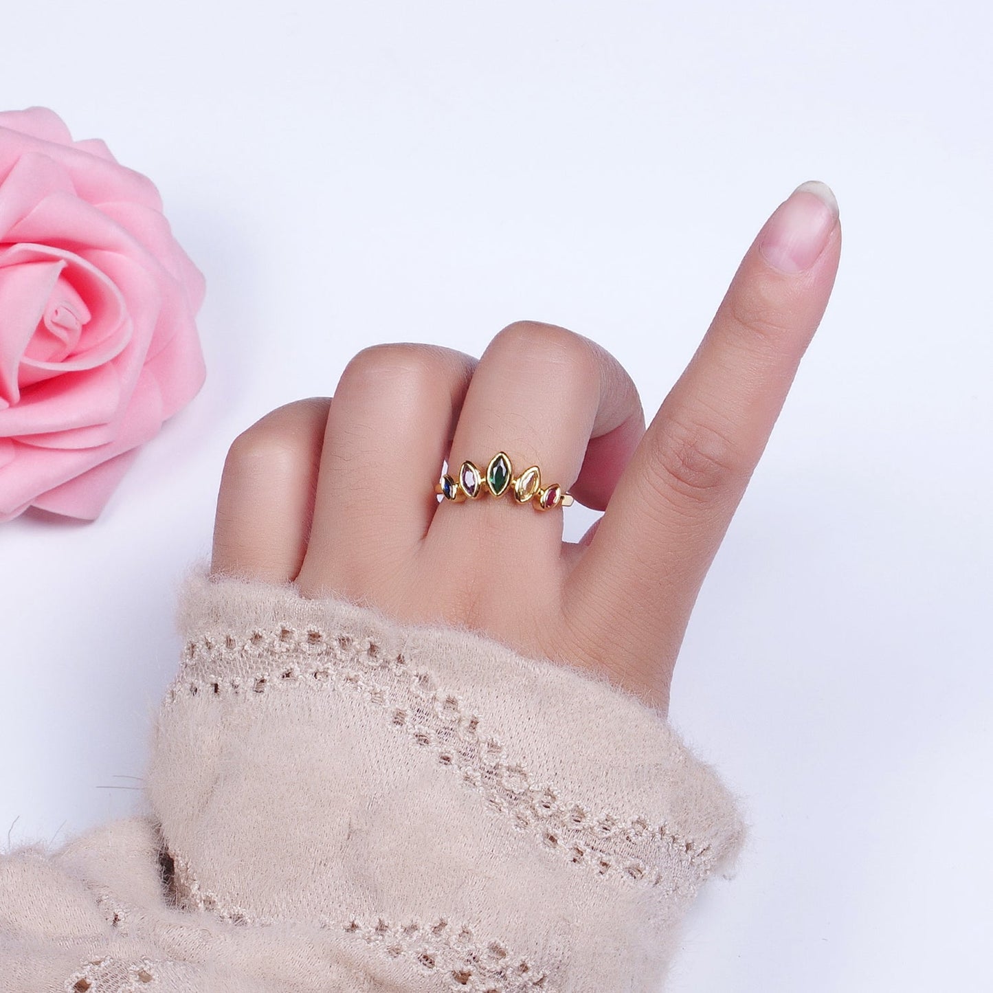 Gold Filled Rainbow Multicolor Marquise CZ Adjustable Ring | O-160