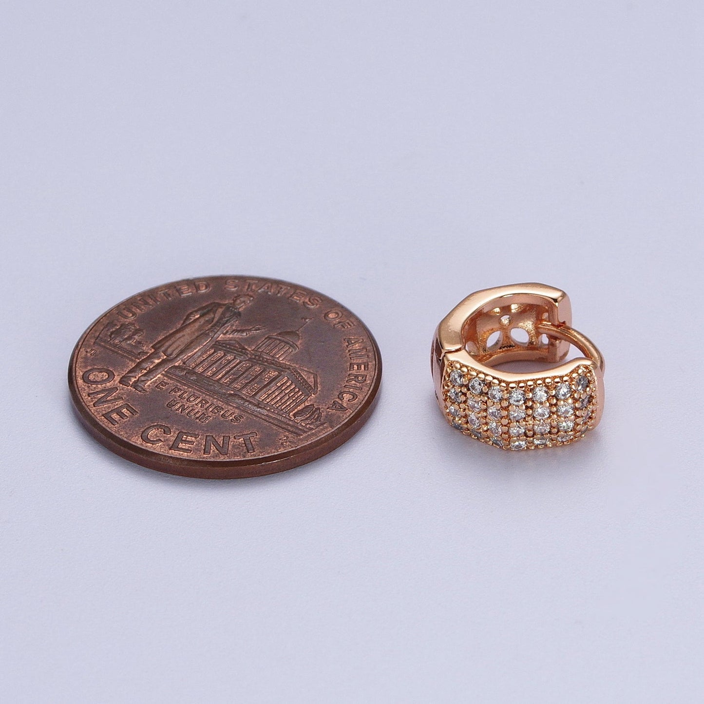 11mm Wide Hexagonal Clear Micro Paved CZ Huggie Earrings in Silver & Pinky Gold P-077 AB-010