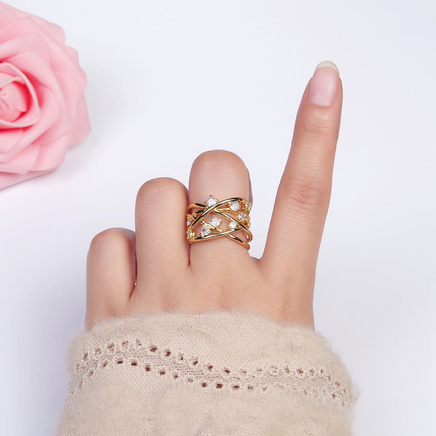 16K Gold Filled Clear CZ Multiple Band Intertwined Statement Ring | O-558