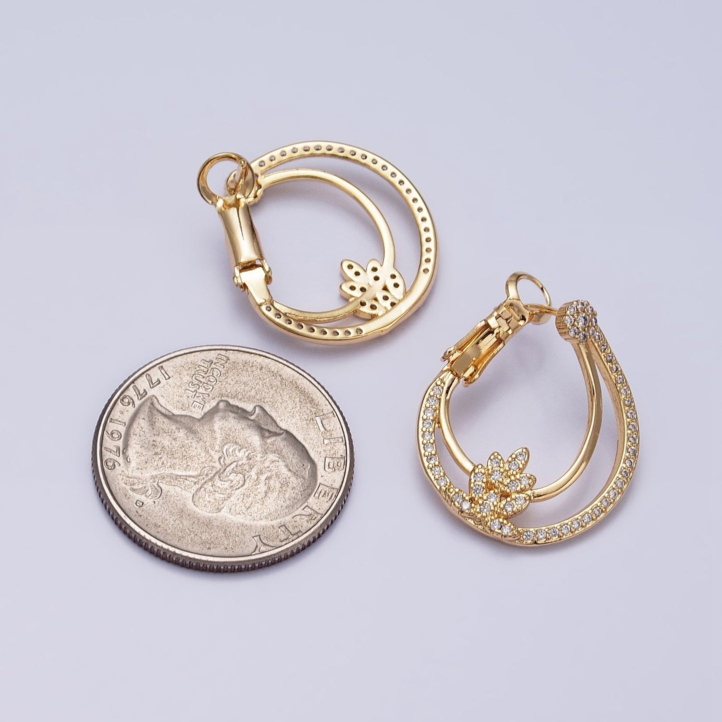 16K Gold Filled Plant Double Bar Micro Paved CZ Front-Facing Hinge Hoop Earrings in Gold & Silver | AD901 AD902