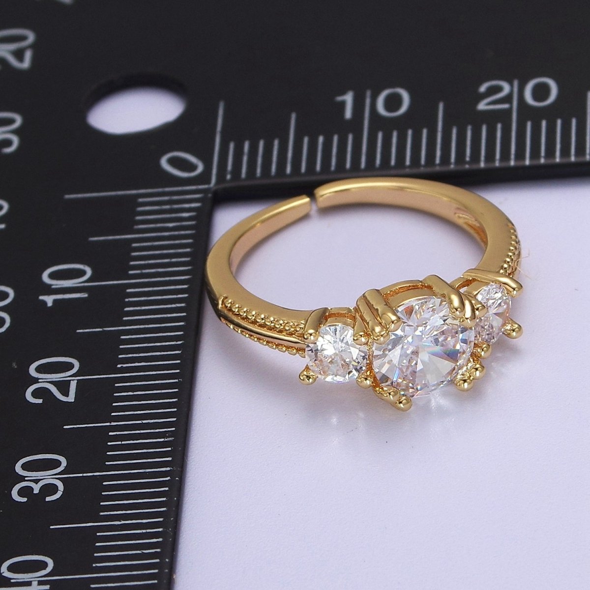 Art Deco Vintage 3-Stone Three Stone Round CZ Halo Wedding Engagement Ring Band Gold Filled Round Open Adjustable Ring S-515