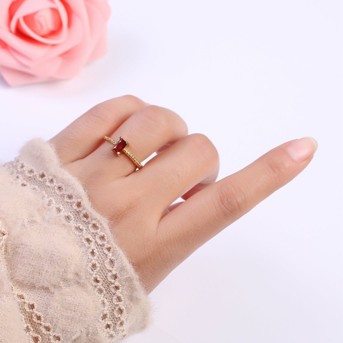 Baguette Crystal Zirconia Dainty 24K Gold Filled Adjustable Solitaire Ring with Beaded Band U-294, U296, U298, U-299