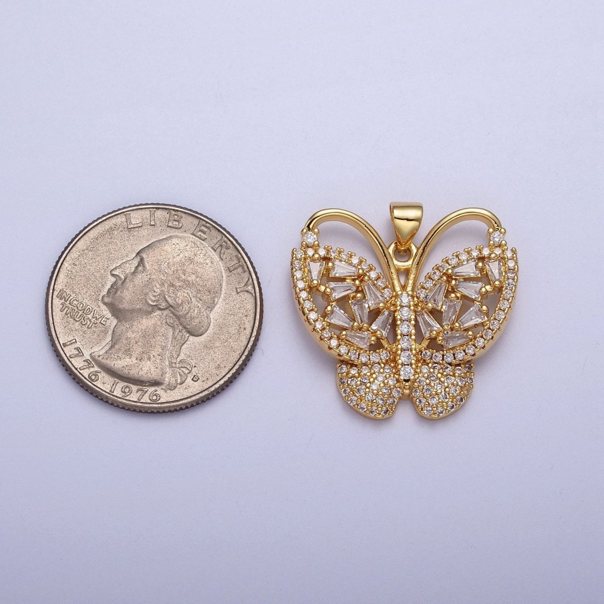 Baguette Micro Paved CZ Monarch Butterfly Gold Pendant H-166