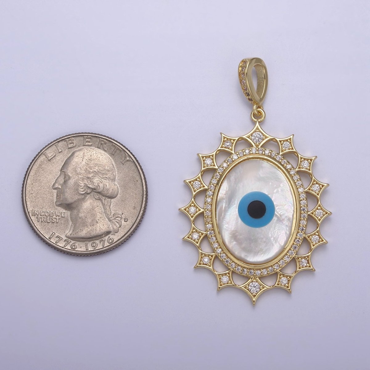 Big Bold Evil Eye Medallion Gold Filled Cubic Zirconia Mother Of Pearl Greek Eye Pendant Necklace for Amulet Jewelry Making N-560