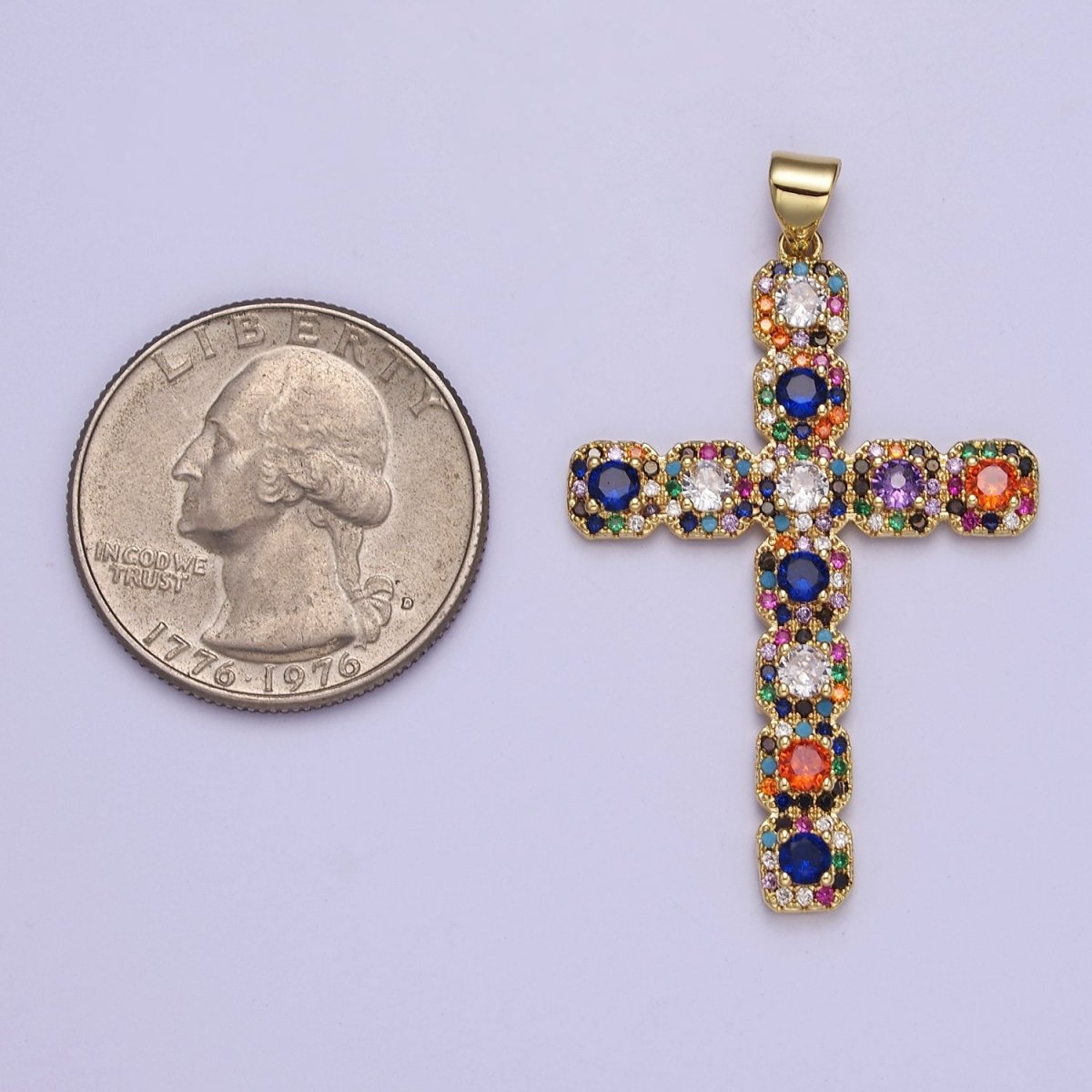 Big Gold Multi Color Cubic Zirconia Cross Pendant J-617