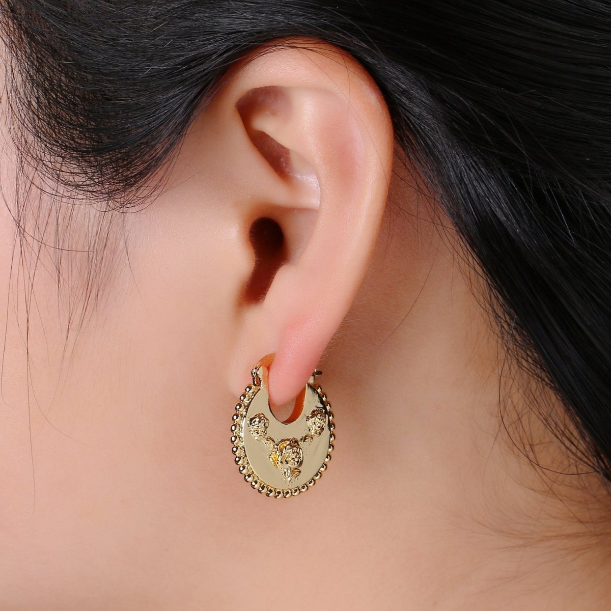 Big Statement Gold Earrings, Gold Fan Earrings, Large Gold Earrings, Women Big Earrings Rose Flower Floral Design Jewelry Q-336